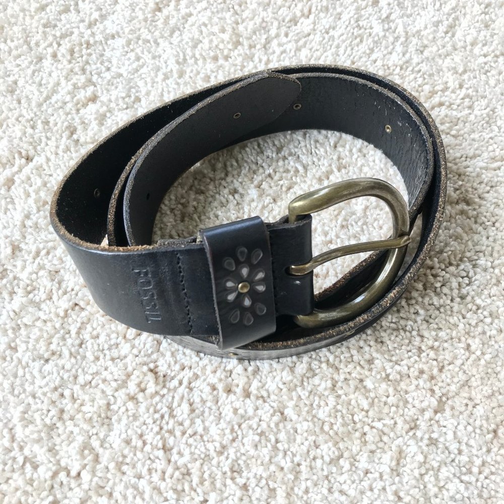 Black Fossil Geometric Design Leather Belt